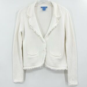 White + Warren Cotton Cable Knit Fringe Cardigan Blazer Sweater Size Large